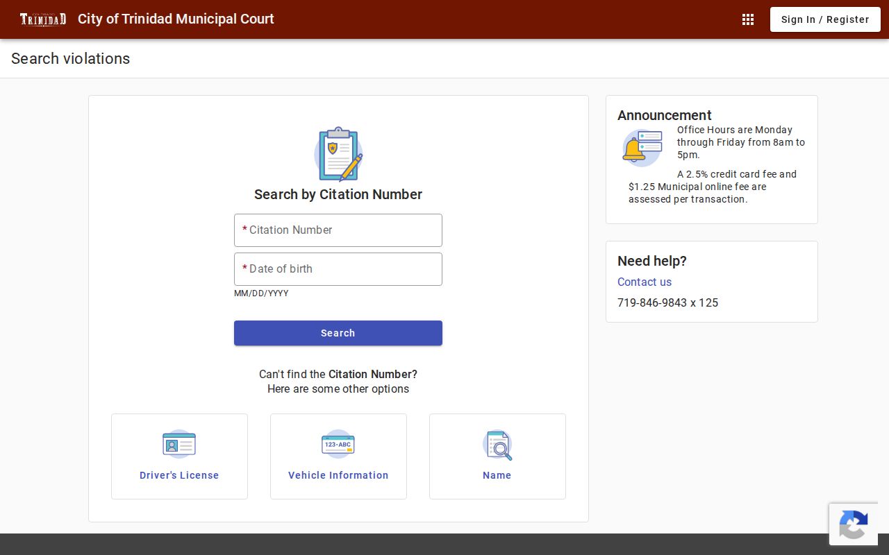 Trinidad Municipal Court citation search choices