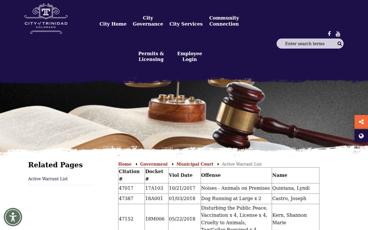 Trinidad municipal active warrant table headings in Las Animas County